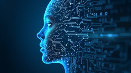 Obraz premium Big data and artificial intelligence concept. Machine learning and cyber mind domination concept in form of women face outline with circuit board and binary data flow on blue background computer AI.