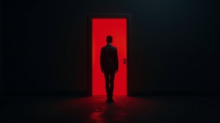 Obraz premium Mysterious Figure Beside Crimson Entrance Evoking Suspenseful Atmosphere at Dusk