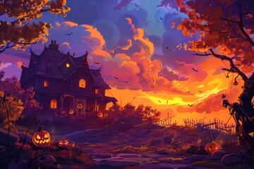 Gothic Haunted Mansion Surrounded by Pumpkins at Twilight..