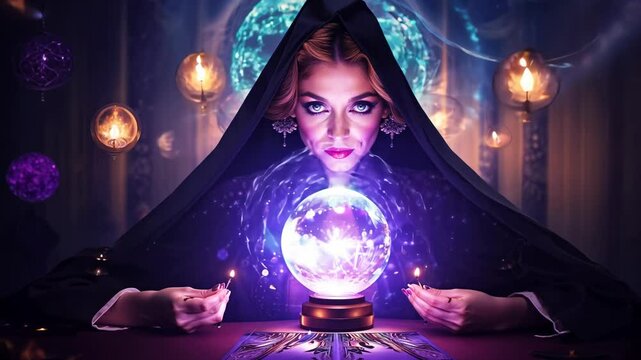 Oracle or fortuneteller witch with crystal ball and tarot cards predicting future