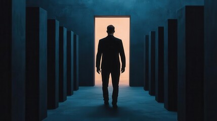 Obraz premium Human silhouette walking through a maze of floating digital ideas, representing the path to business innovation, innovation journey, complex business concepts