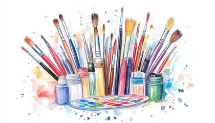 Obraz premium Circle of Creativity - Watercolor Illustration of Art Tools Including Paintbrushes, Markers, and Palette