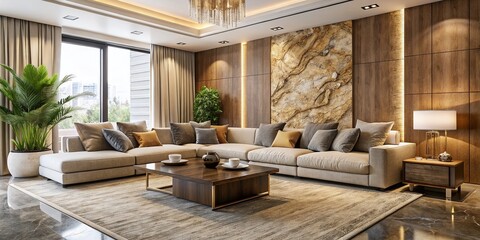 Elegant living room features a plush sectional sofa, marble coffee table, and cork accent wall, blending affordable