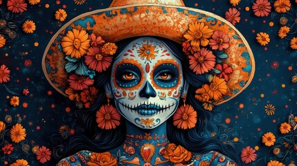 Woman with face paint surrounded by marigolds, celebrating día de los muertos