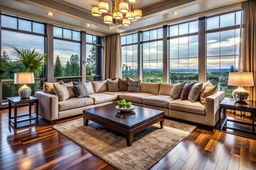 Fototapeta premium Elegant living room with luxurious sectional sofa, coffee table, and modern decor, set against a backdrop of sleek