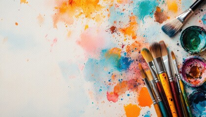 Vibrant Artistic Inspiration - Abstract Watercolor Painting with Palette, Brushes, and Sketchbooks
