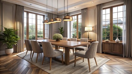 Fototapeta premium Elegant modern dining room set with wooden table, comfortable chairs, and stylish pendant light fixtures, surrounded by