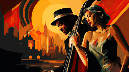 generated illustration A female jazz singer performs on stage.
