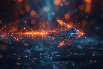 Obraz premium A glowing arrow made of particles points to the right, against a dark background with bokeh lights.