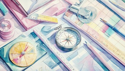 Pastel Watercolor Painting of School Supplies - Compass, Protractor, Ruler | Artistic Back to School Illustration in Soft Colors