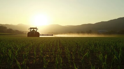 Fototapeta premium Tractor Spraying Pesticides on Corn Field. AI generated illustration