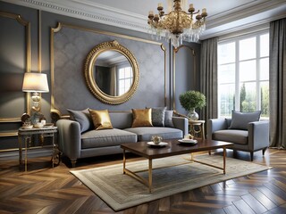 Fototapeta premium Elegant modern living room with sleek grey sofa, ornate gold mirror, and stylish coffee table on a richly