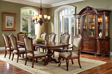 Elegant nine-piece dining room furniture set featuring a rich wood tone table, matching chairs, and coordinating hutch,