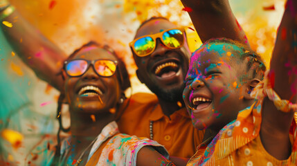 Obraz premium Cheerful african american family at the festival of colors Holi 