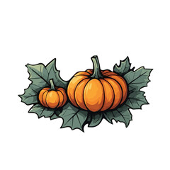 Bright juicy orange pumpkins on green leaves isolated on white