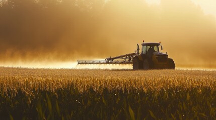Fototapeta premium Tractor Spraying Pesticides on Corn Field. AI generated illustration