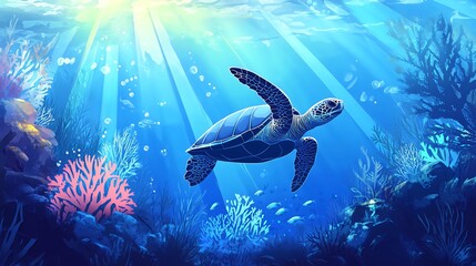 A sea turtle swims gracefully through a vibrant coral reef, bathed in sunlight that streams down from above.