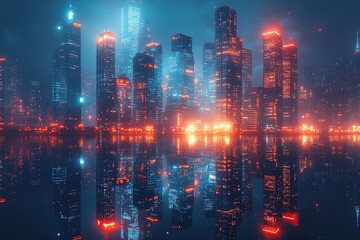 Futuristic cityscape with glowing buildings reflecting on the water.