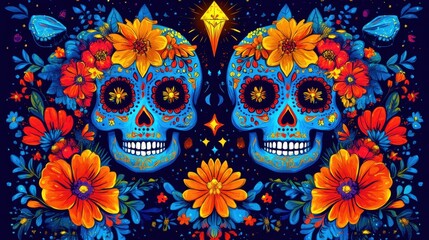 Vibrant day of the dead skull design with colorful floral patterns and glowing accents