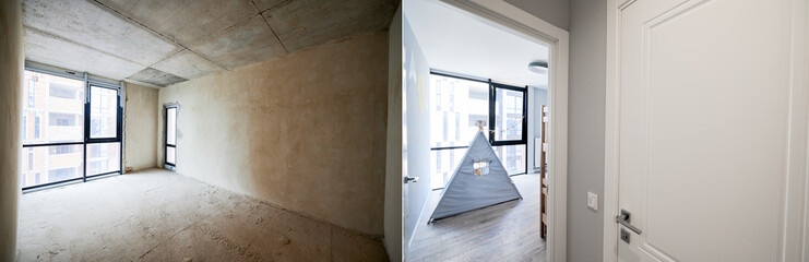 Living room with large panoramic window before and after restoration. Comparison of empty old flat and new renovated apartment with kids tent wigwam and doors. Home renovation concept. © anatoliy_gleb