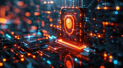 Fototapeta premium Futuristic digital security concept with glowing circuit board and central lock symbol, representing advanced technology and cybersecurity.
