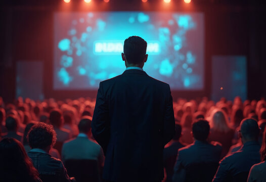 Back view of motivational speaker standing on stage