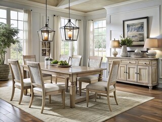 Fototapeta premium Elegant white-washed oak dining room furniture set with rustic accents, distressed finish, and natural texture, evoking