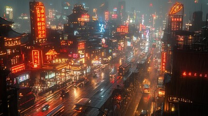 Fototapeta premium A rainy night in a futuristic Asian city, with neon lights and bustling traffic.