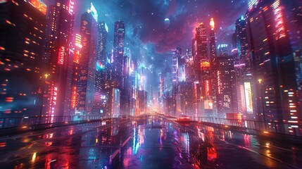 Obraz premium Futuristic neon-lit cityscape at night with vibrant colors reflecting on wet streets. Perfect for sci-fi and cyberpunk themed projects.