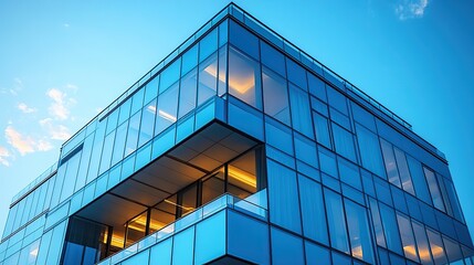 Modern glass skyscraper exterior with blue sky and clouds.