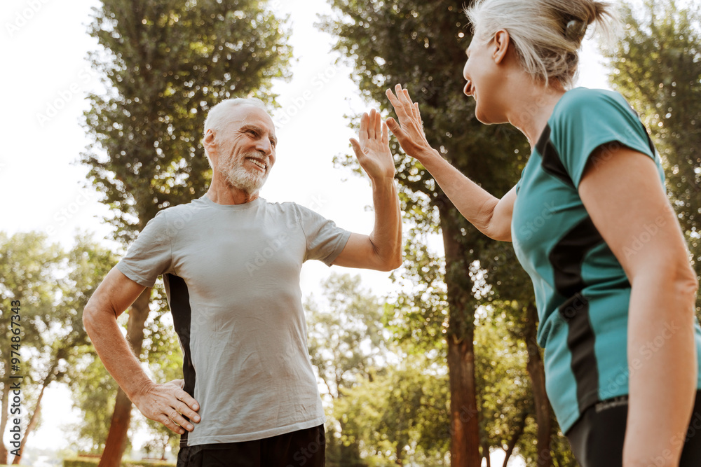 Wall mural Senior couple giving high five after exercising together outdoors