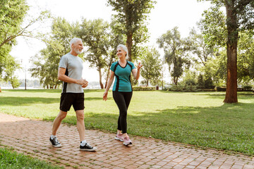 Happy, active senior couple walking and talking in the park together, love, relationship concept