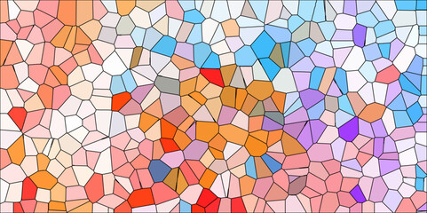 Abstract mosaic made of broken crockery and tableware background. Mosaic pattern with an orange , blue and multi-color palette light elegant marble ceramic pieces wall background.