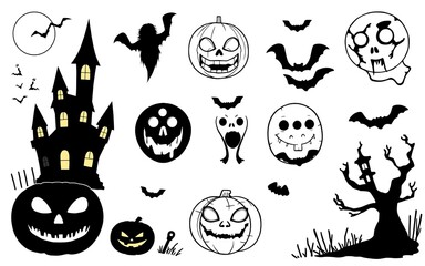 Black and white spooky Halloween illustrations perfect for festive designs and decorations. 
