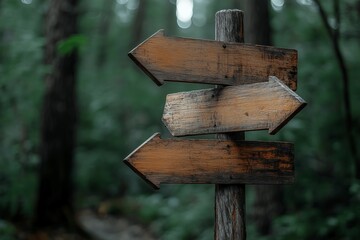 Naklejka premium A weathered wooden signpost with three arrows points in different directions in a forest