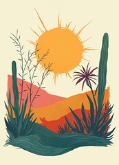 a poster for a sunset with cactus in a bohemian style