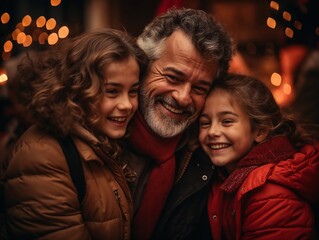 Joyful grandfather with two smiling granddaughters, festive atmosphere, warm holiday spirit
