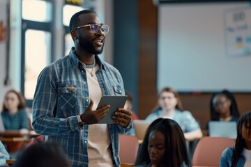 A teacher standing in front of a classroom full of students, ideal for educational or instructional scenes