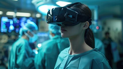 Medical professional using virtual reality technology in a modern operating room with surgical team in the background.