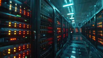 Modern data center with glowing server racks and advanced technology, showcasing the infrastructure of cloud computing and big data storage.