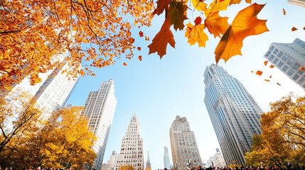 Autumn cityscape with skyscrapers and colorful fall leaves under a bright blue sky