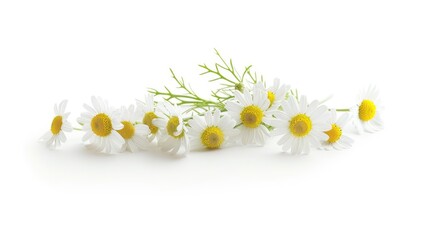 A collection of white and yellow flowers arranged on a white surface