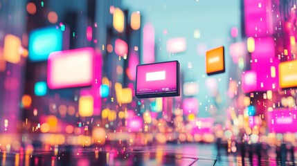 Fototapeta premium Augmented reality ad placement, floating digital billboards, city view