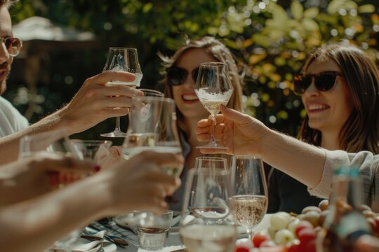 Group of friends enjoying wine and socializing at a table