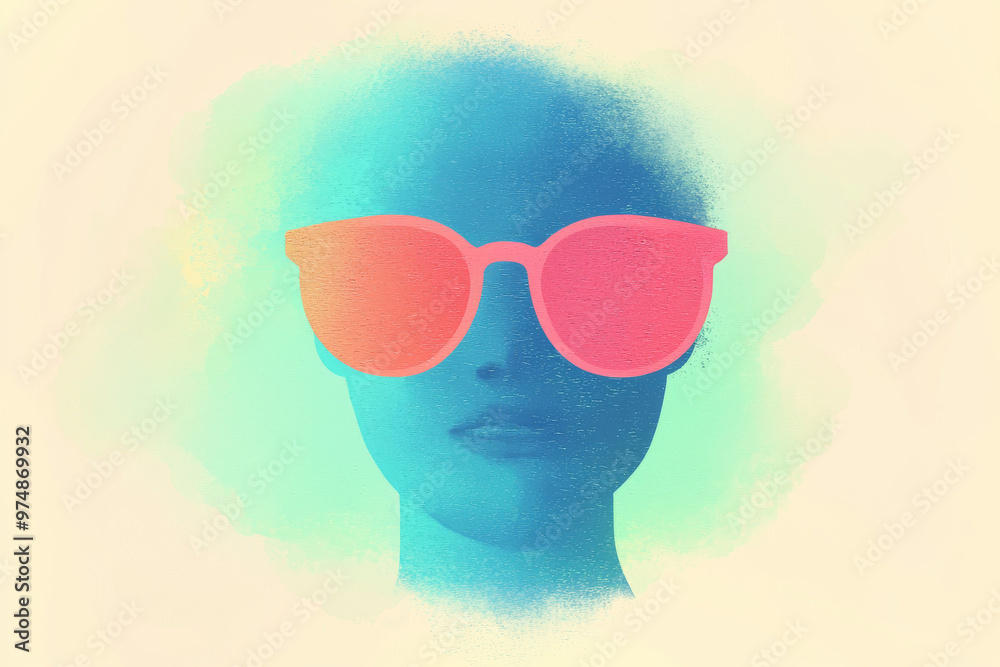 Poster a woman wearing pink sunglasses and a blue abstract background