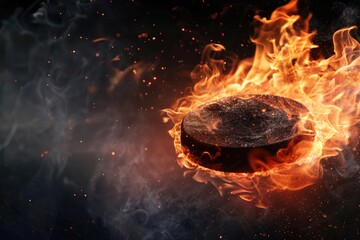 A burning hockey puck in a dark night scene, ideal for use in dramatic or suspenseful contexts