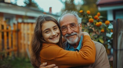 Obraz premium An elderly man embracing a child near a fence, a heartwarming moment