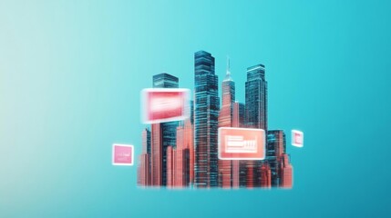 Augmented reality digital outreach, floating holographic ads, city skyline