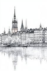 Fototapeta premium Stockholm, Sweden, black and white pen pencil hand-drawn effect portrait drawing illustration for travel poster, card, wallpaper, backdrop or banner. Modern, clear, artistic and simple