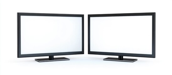 Two flat wide TVs with white screens isolated on a white background 4K blank monitors Widescreen displays for presentations LCD panels 3D rendering